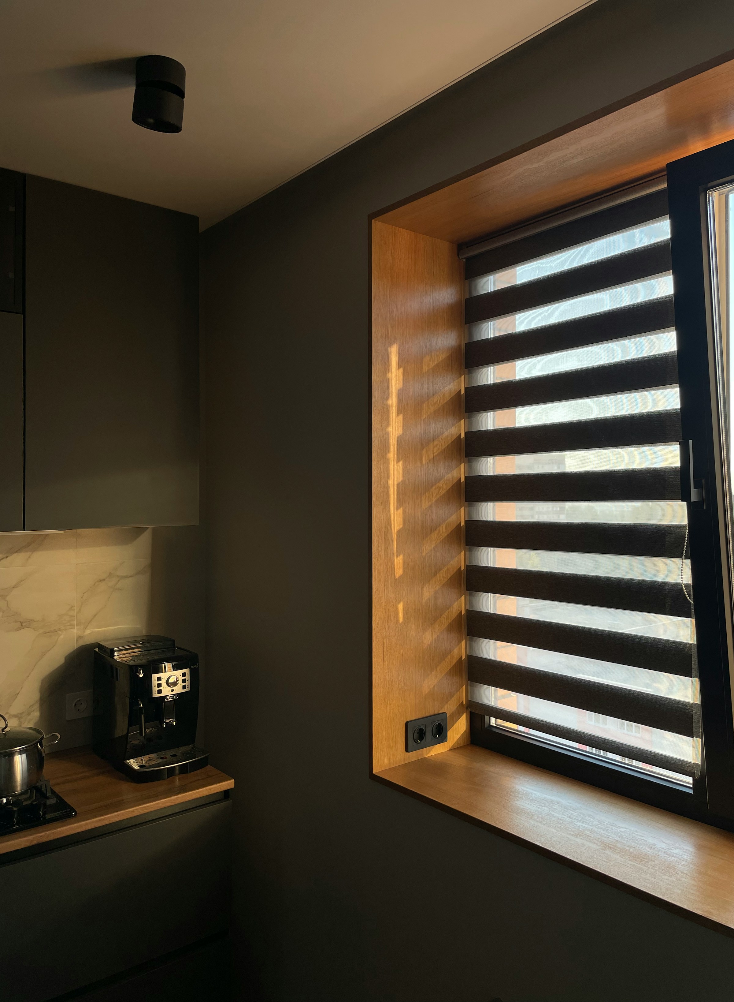 Wooden blinds in kitchen