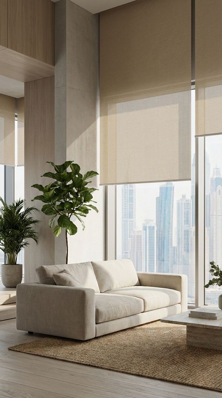 Dubai living room with custom blinds