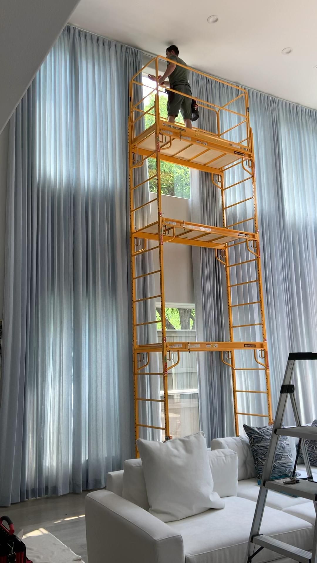 Large curtain installation with scaffolding